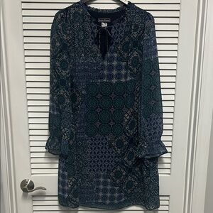 Jessica Howard Patchwork Look Flowy Dress with Sheer Sleeves in Navy and Teal